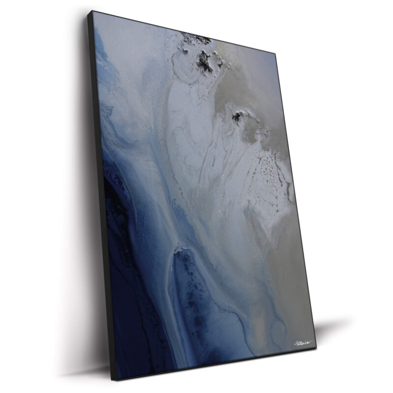 Abstract ocean shore painting with blue and sandy tones, evoking the feeling of the sea.