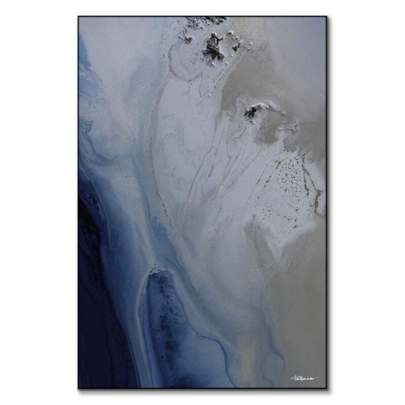 Abstract ocean shore painting with blue and sandy tones, evoking the feeling of the sea.