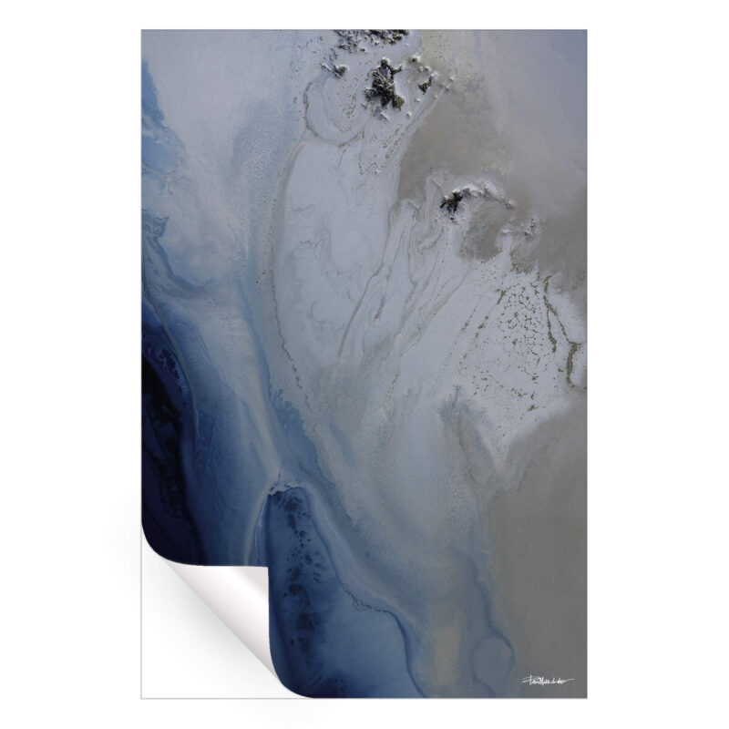 Abstract ocean shore painting with blue and sandy tones, evoking the feeling of the sea.