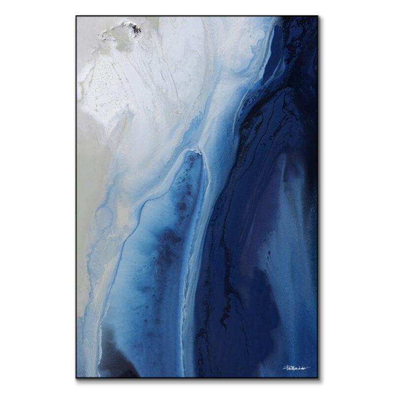 Blue abstract seascape painting featuring dynamic waves and deep ocean tones.