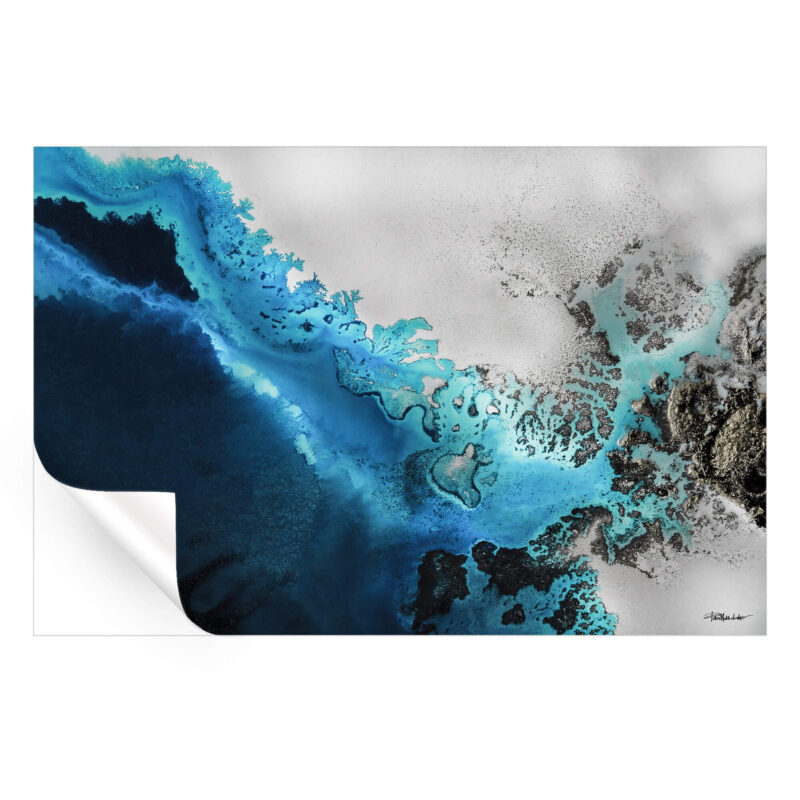 Calming blue ocean reef painting with gold accents, evoking tranquility and underwater serenity.