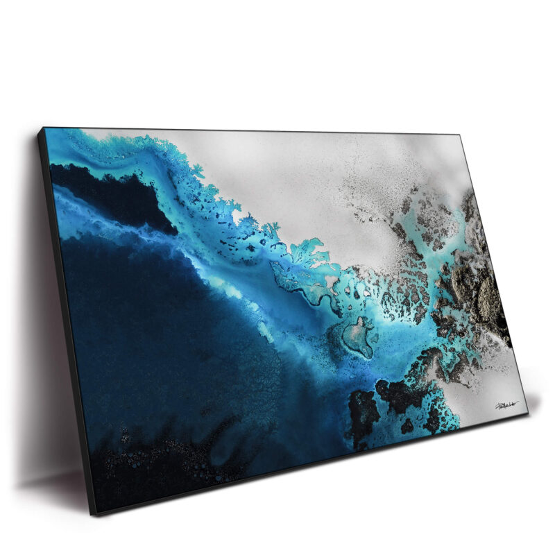 Calming blue ocean reef painting with gold accents, evoking tranquility and underwater serenity.