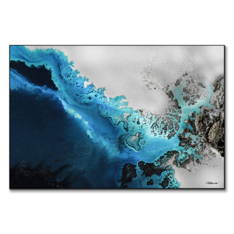 Calming blue ocean reef painting with gold accents, evoking tranquility and underwater serenity.