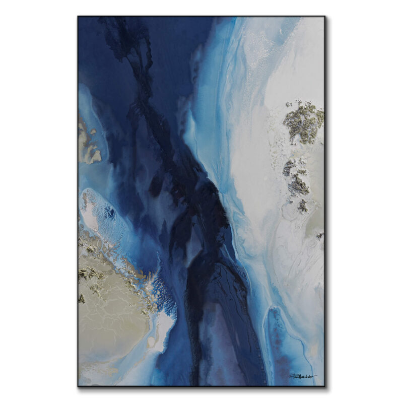 Mixed media ocean-inspired artwork using blues and greens to create depth and texture.