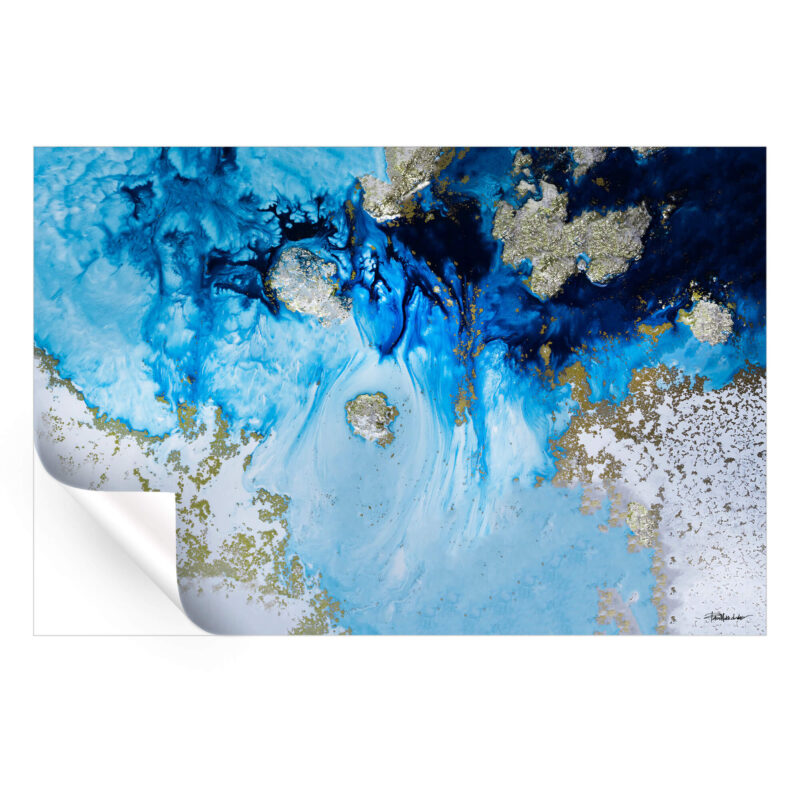 A vibrant aquatic-inspired artwork with blue and gold tones, mimicking ocean waves.