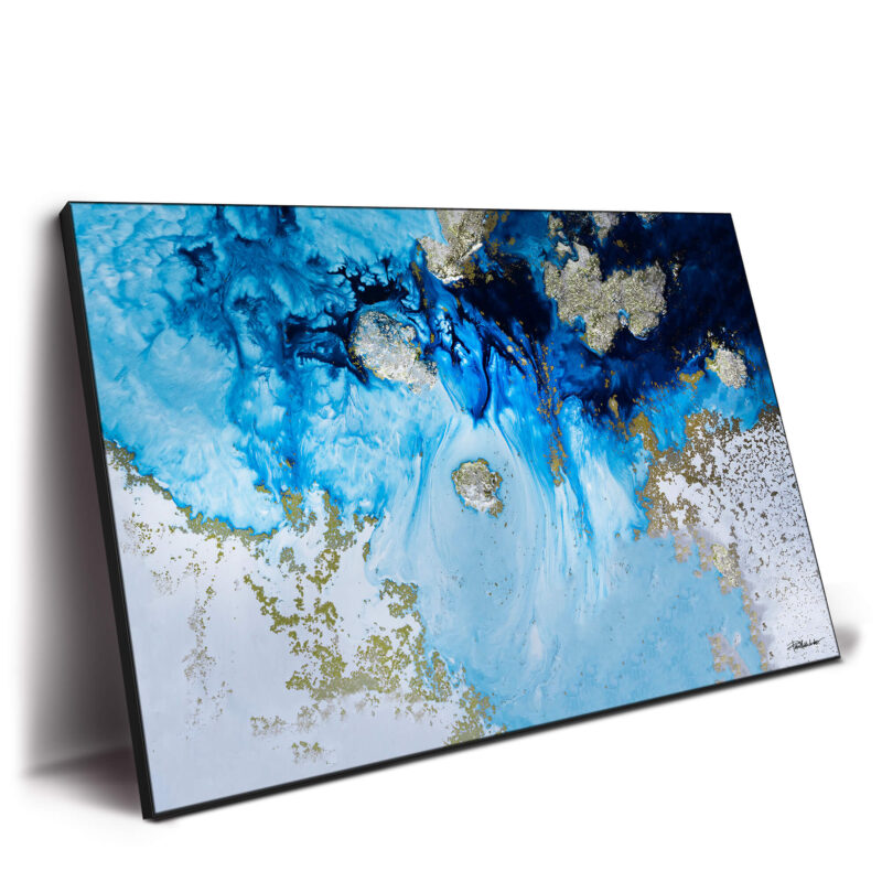 A vibrant aquatic-inspired artwork with blue and gold tones, mimicking ocean waves.