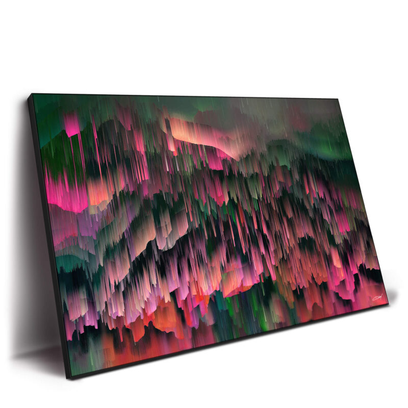 Abstract digital artwork featuring vibrant pink and green hues blended into a textured design.