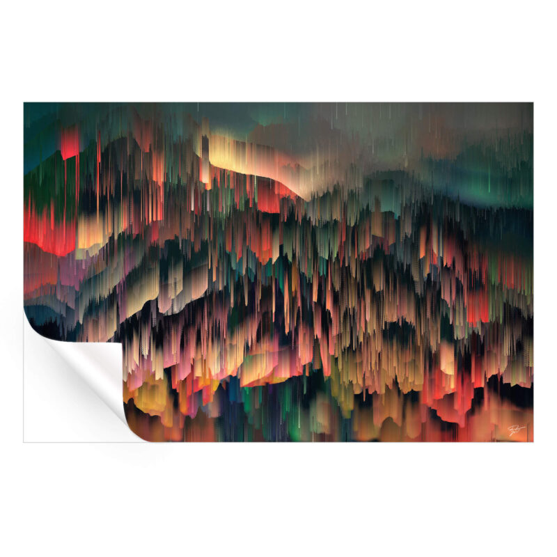 A colorful glitched digital landscape artwork with red, blue, and yellow hues blending together.