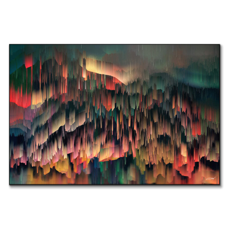 A colorful glitched digital landscape artwork with red, blue, and yellow hues blending together.