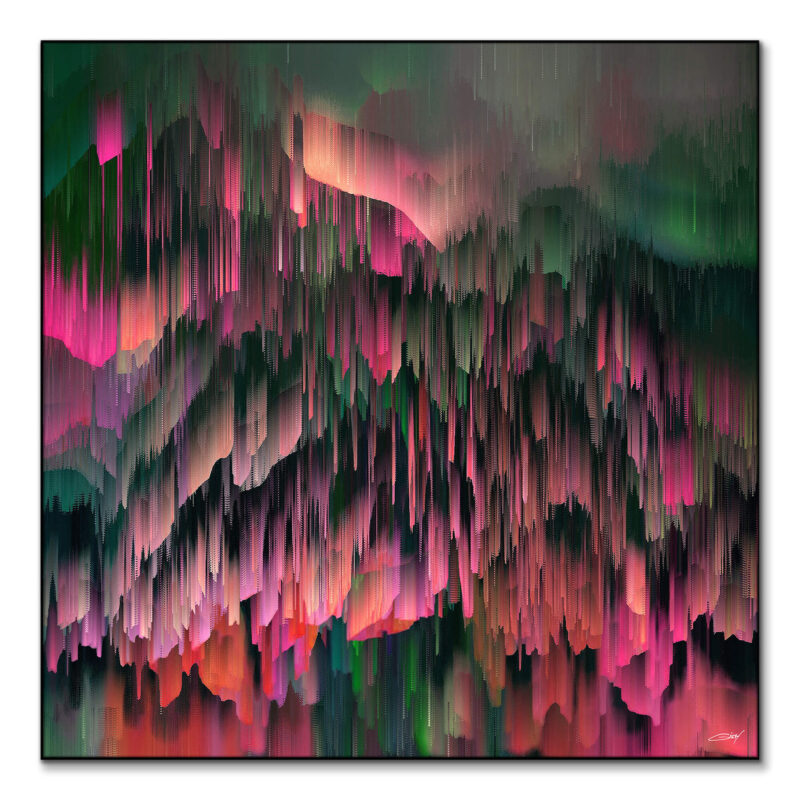 Abstract digital artwork featuring vibrant pink and green hues blended into a textured design.