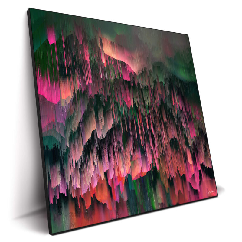 Abstract digital artwork featuring vibrant pink and green hues blended into a textured design.
