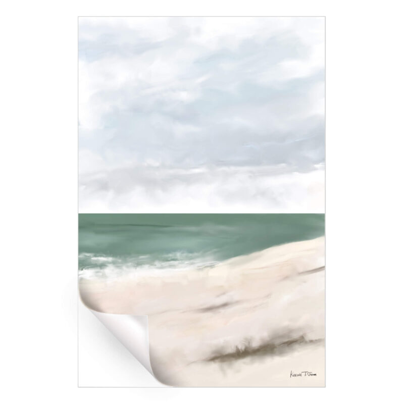 Abstract coastal scene with soft blues, greens, and beige tones, depicting a peaceful ocean meeting a sandy shore under a calm sky.