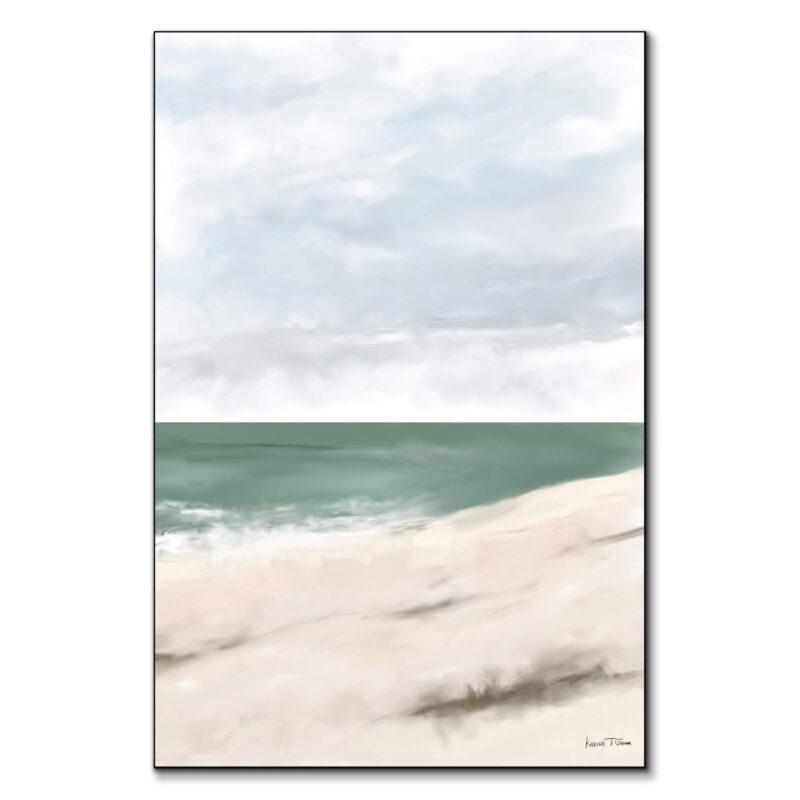 Abstract coastal scene with soft blues, greens, and beige tones, depicting a peaceful ocean meeting a sandy shore under a calm sky.