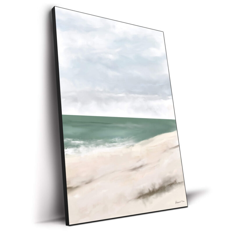 Abstract coastal scene with soft blues, greens, and beige tones, depicting a peaceful ocean meeting a sandy shore under a calm sky.