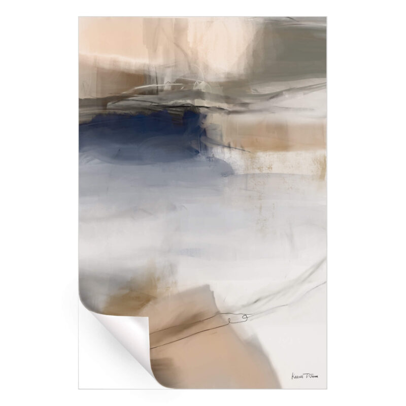 Abstract artwork with soft beige, gold, and navy tones. Fluid brush strokes and abstract forms create a calm, dynamic composition.