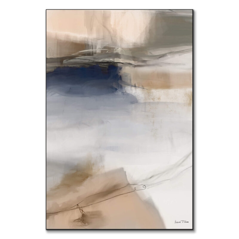 Abstract artwork with soft beige, gold, and navy tones. Fluid brush strokes and abstract forms create a calm, dynamic composition.