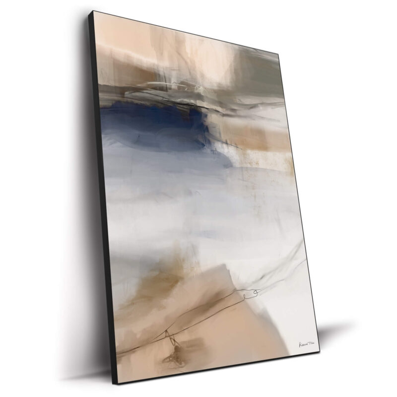 Abstract artwork with soft beige, gold, and navy tones. Fluid brush strokes and abstract forms create a calm, dynamic composition.