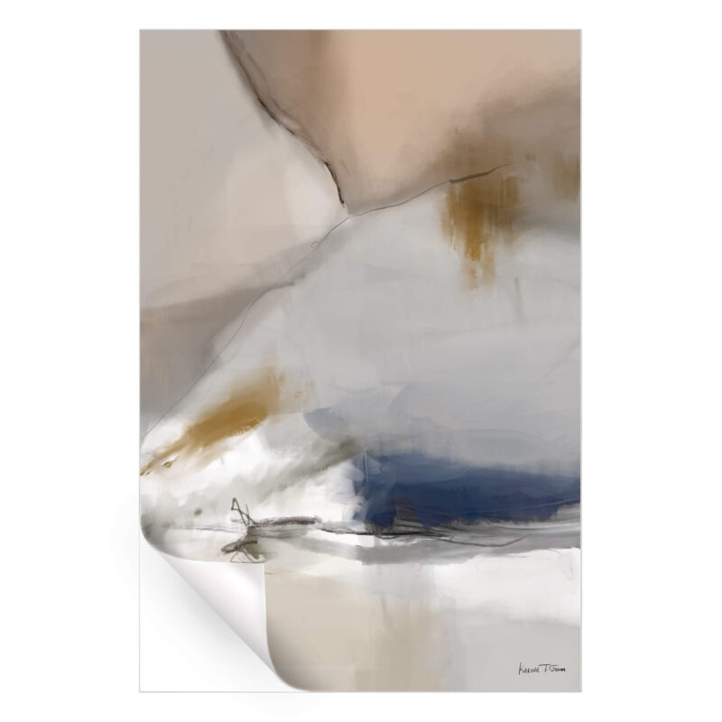 Abstract artwork with soft beige, gold, and navy tones. Fluid brush strokes and abstract forms create a calm, dynamic composition.