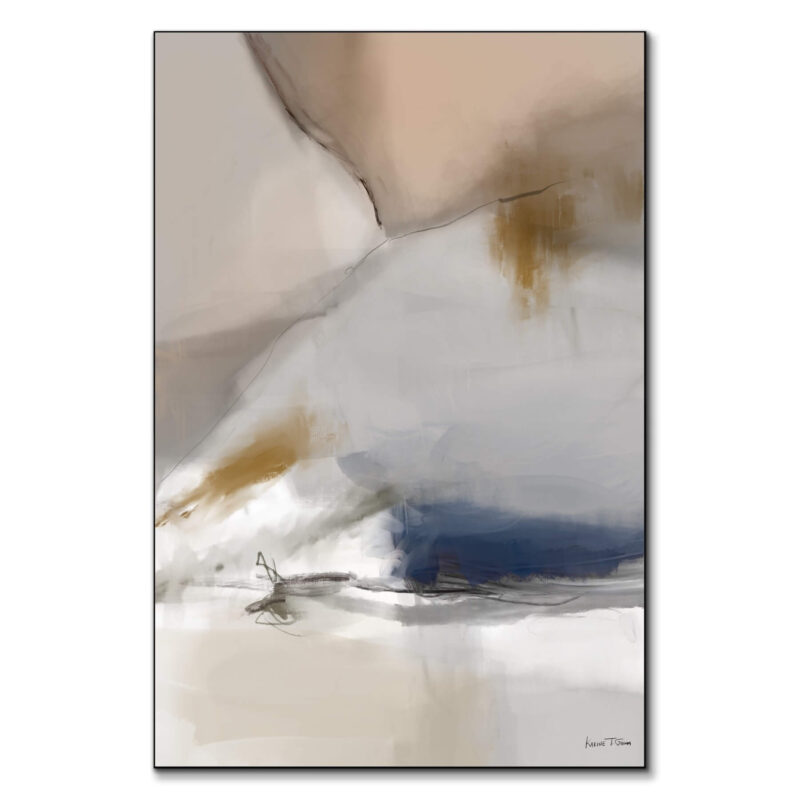 Abstract artwork with soft beige, gold, and navy tones. Fluid brush strokes and abstract forms create a calm, dynamic composition.