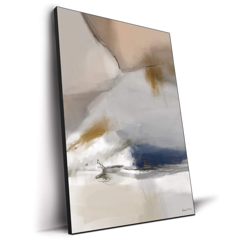 Abstract artwork with soft beige, gold, and navy tones. Fluid brush strokes and abstract forms create a calm, dynamic composition.