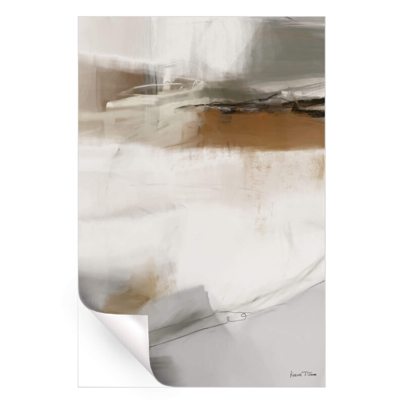 Abstract painting with beige, cream, gray, and burnt orange tones, featuring dynamic brushstrokes and a delicate line creating movement.