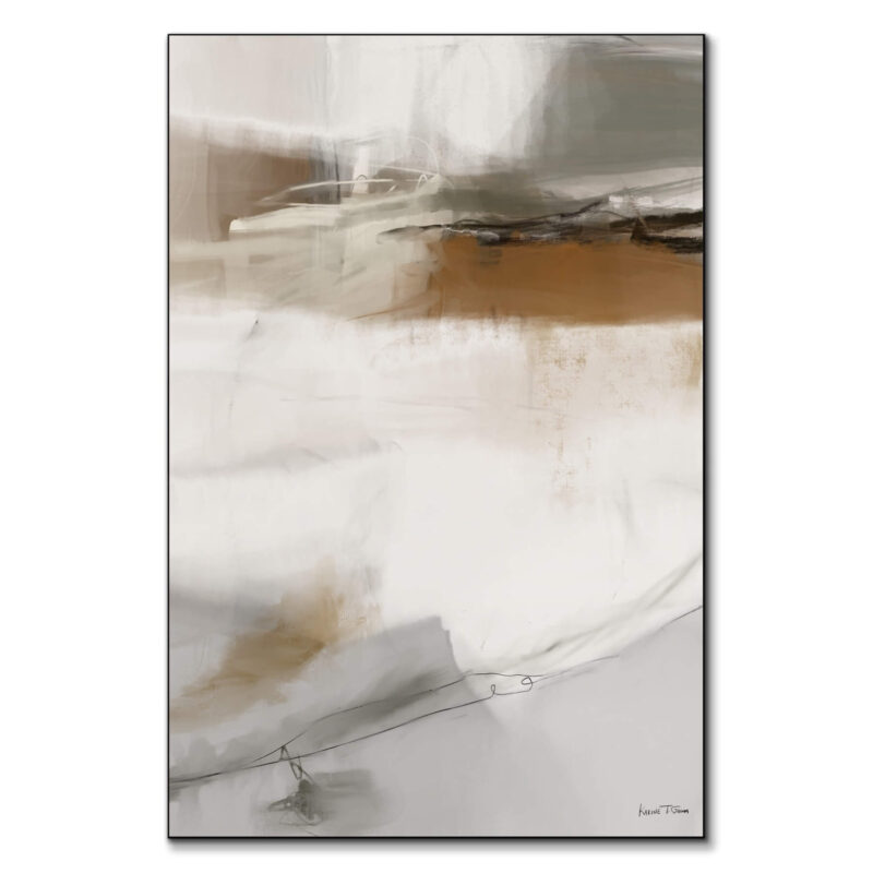Abstract painting with beige, cream, gray, and burnt orange tones, featuring dynamic brushstrokes and a delicate line creating movement.