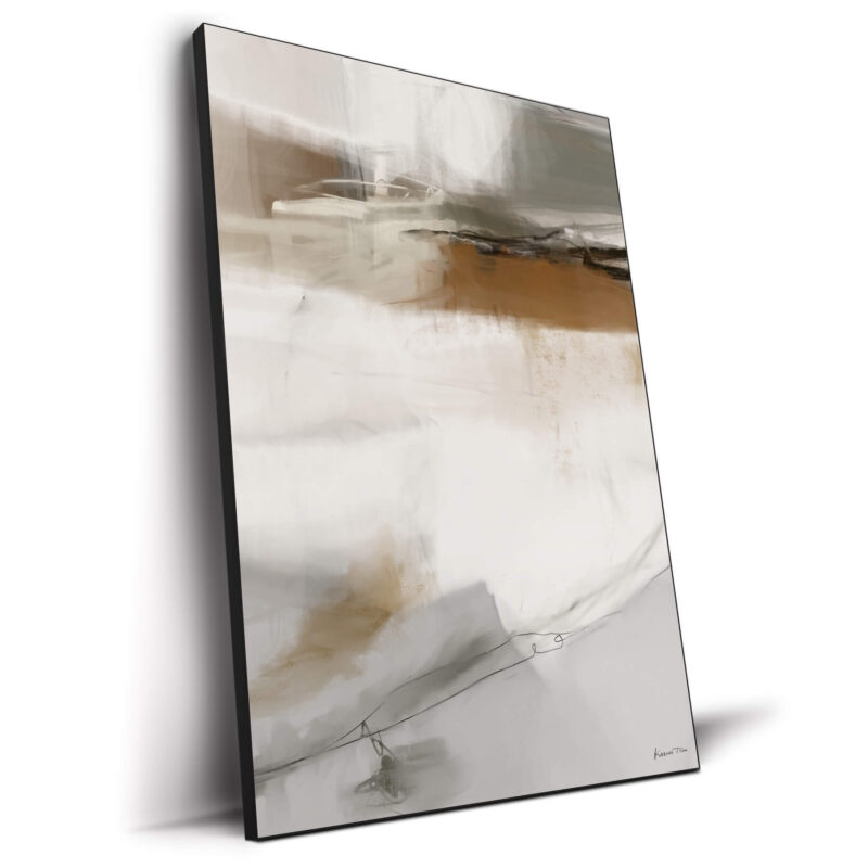 Abstract painting with beige, cream, gray, and burnt orange tones, featuring dynamic brushstrokes and a delicate line creating movement.