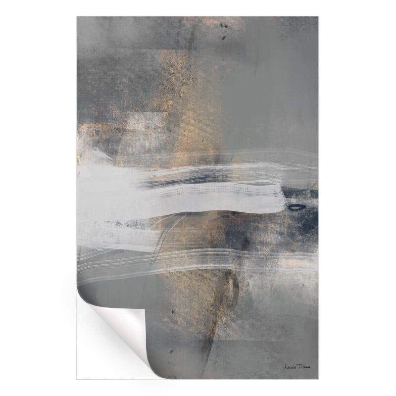 Abstract artwork with sweeping white brushstrokes over a textured gray and blue background, accented with metallic gold for depth and contrast.