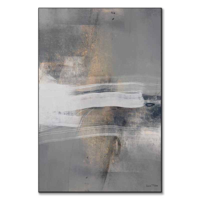 Abstract artwork with sweeping white brushstrokes over a textured gray and blue background, accented with metallic gold for depth and contrast.