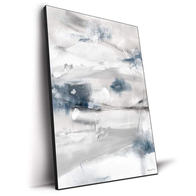 Abstract painting in cool blues and grays, portraying the chill and atmospheric beauty of winter with fluid, dynamic brushstrokes.