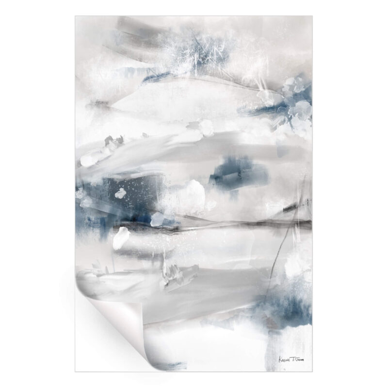 Abstract painting in cool blues and grays, portraying the chill and atmospheric beauty of winter with fluid, dynamic brushstrokes.