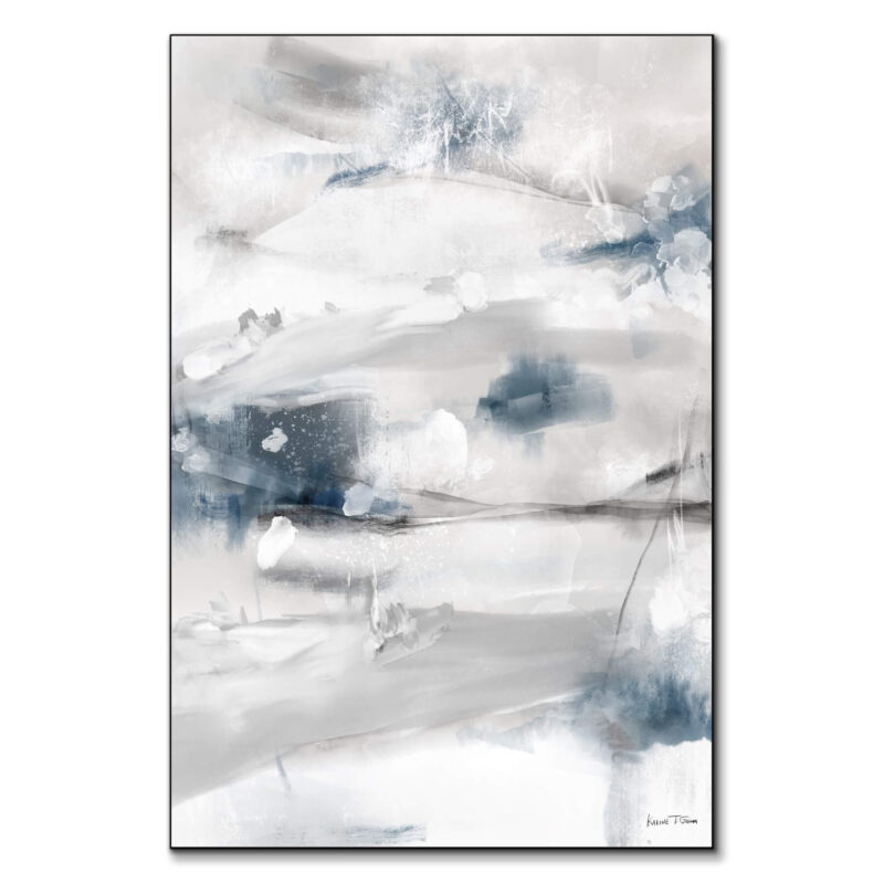 Abstract painting in cool blues and grays, portraying the chill and atmospheric beauty of winter with fluid, dynamic brushstrokes.