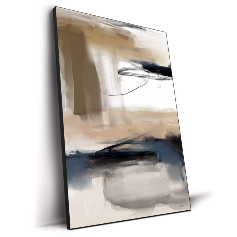 Abstract painting with a blend of beige, blue, and brown tones, featuring loose brushstrokes and sharp linear elements creating a dynamic composition.
