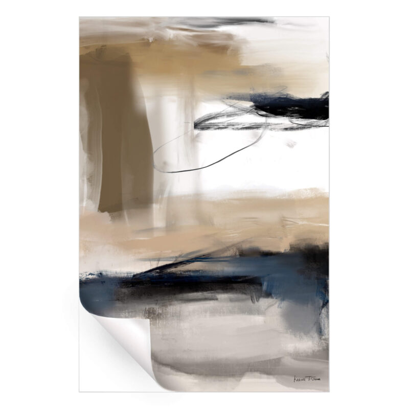 Abstract painting with a blend of beige, blue, and brown tones, featuring loose brushstrokes and sharp linear elements creating a dynamic composition.