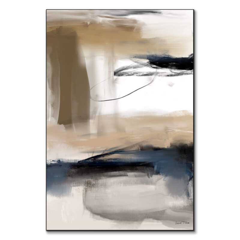 Abstract painting with a blend of beige, blue, and brown tones, featuring loose brushstrokes and sharp linear elements creating a dynamic composition.