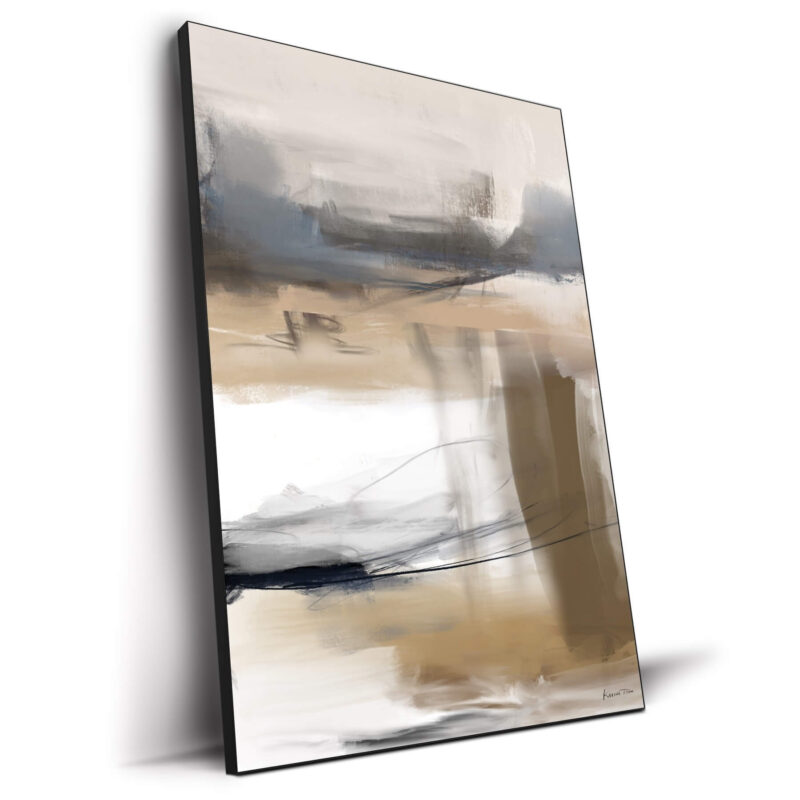 Abstract painting with a blend of beige, blue, and brown tones, featuring loose brushstrokes and sharp linear elements creating a dynamic composition.
