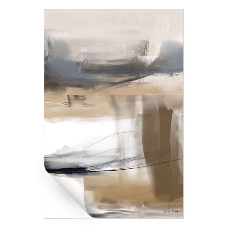 Abstract painting with a blend of beige, blue, and brown tones, featuring loose brushstrokes and sharp linear elements creating a dynamic composition.