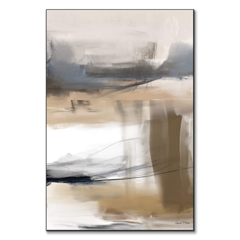 Abstract painting with a blend of beige, blue, and brown tones, featuring loose brushstrokes and sharp linear elements creating a dynamic composition.