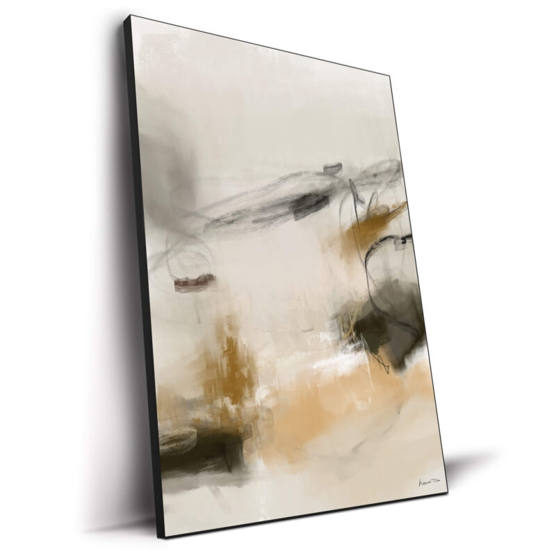 Abstract art featuring soft beige, tan, and gray tones with flowing lines and contrasting dark accents.