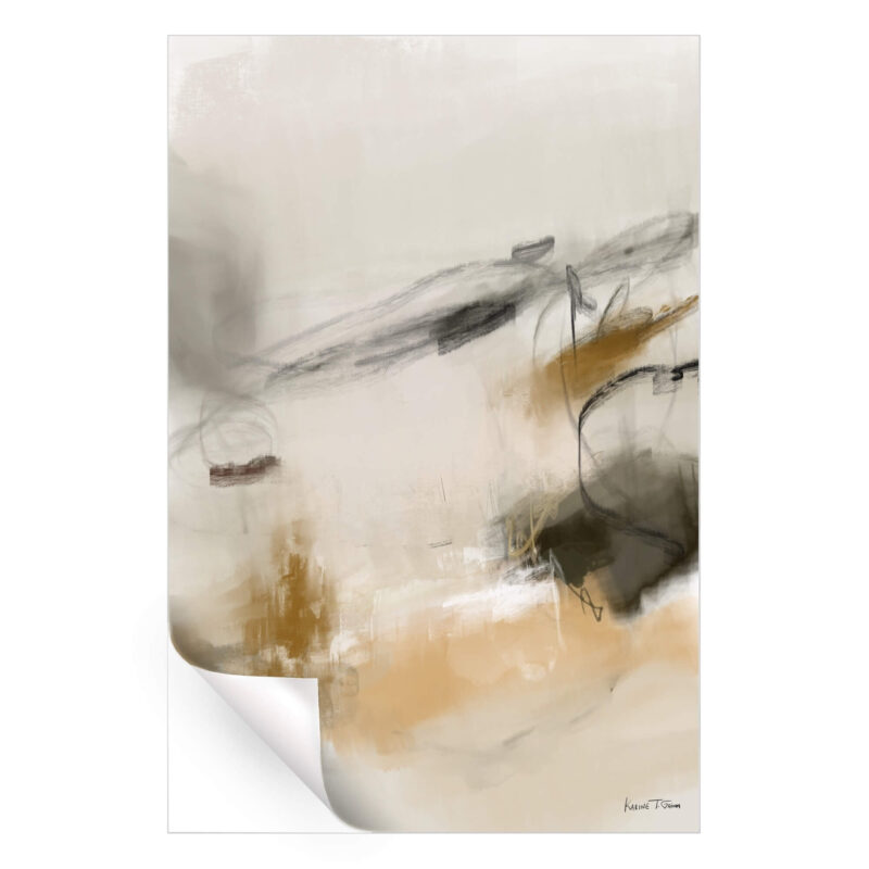 Abstract art featuring soft beige, tan, and gray tones with flowing lines and contrasting dark accents.