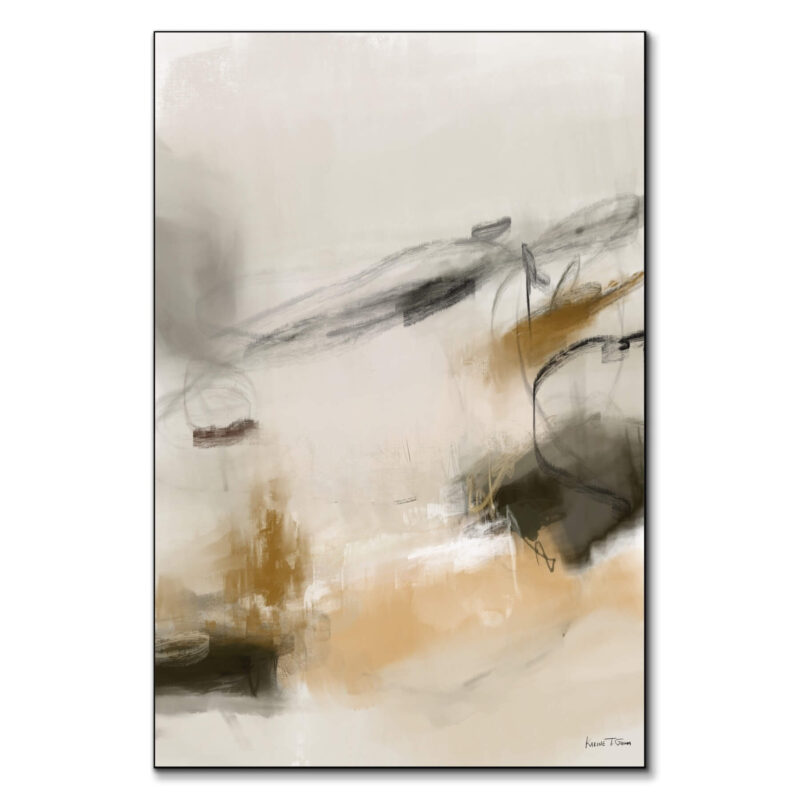 Abstract art featuring soft beige, tan, and gray tones with flowing lines and contrasting dark accents.