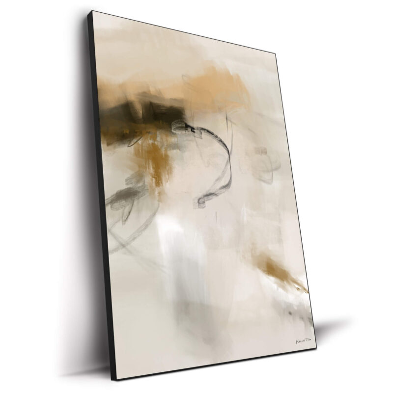 Abstract art featuring soft beige, tan, and gray tones with flowing lines and contrasting dark accents.