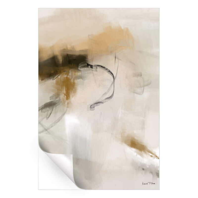 Abstract art featuring soft beige, tan, and gray tones with flowing lines and contrasting dark accents.
