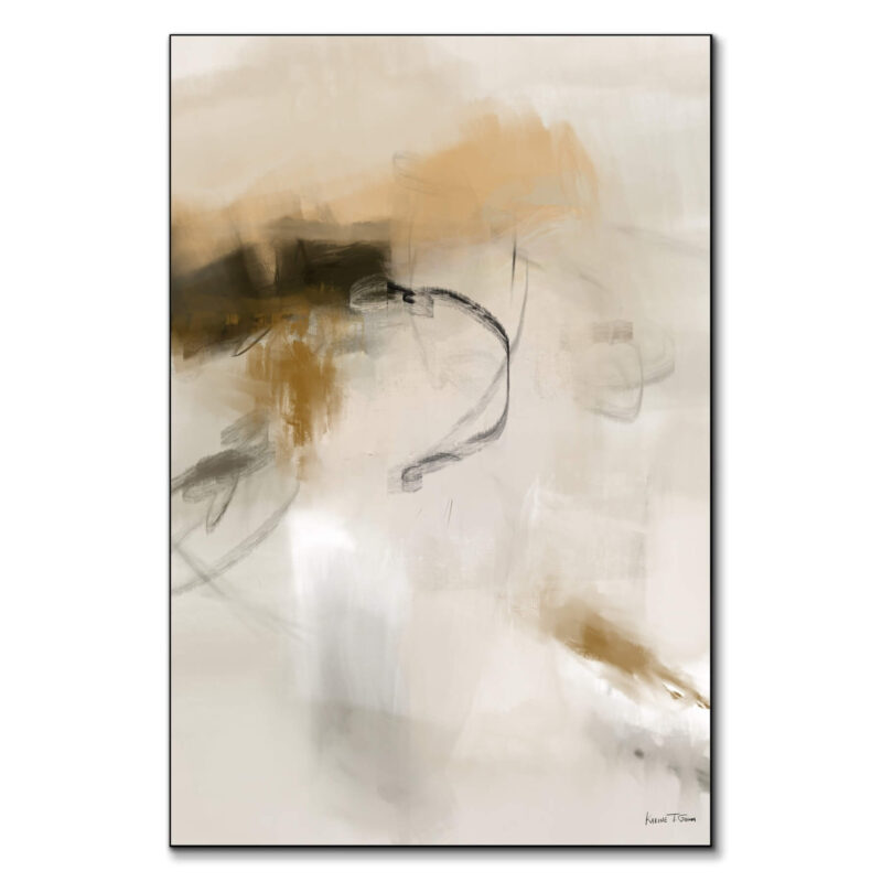 Abstract art featuring soft beige, tan, and gray tones with flowing lines and contrasting dark accents.