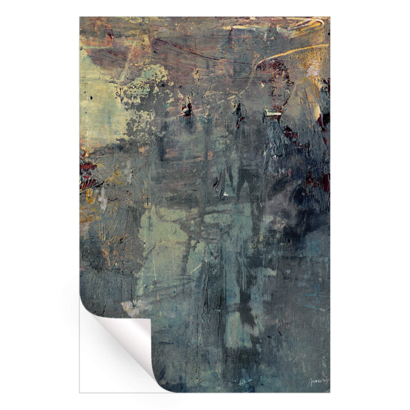 Distressed abstract painting with gray, black, and gold tones.