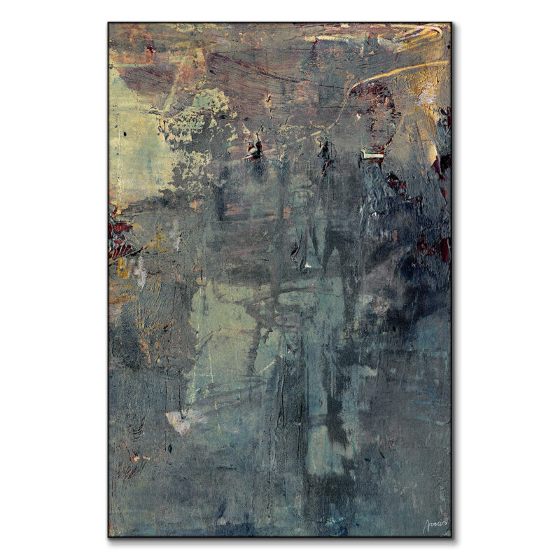 Distressed abstract painting with gray, black, and gold tones.