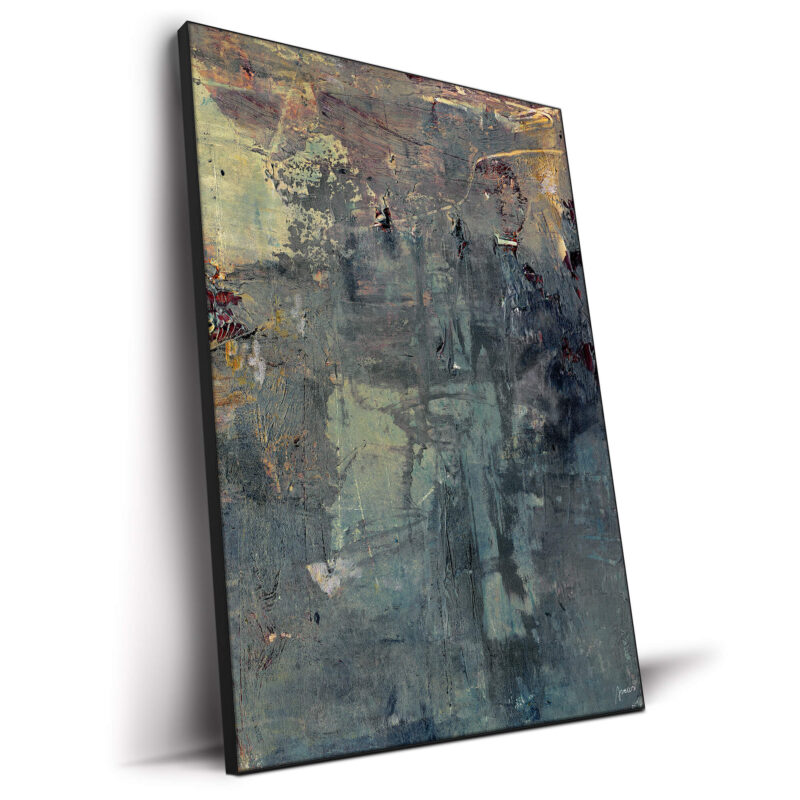 Distressed abstract painting with gray, black, and gold tones.