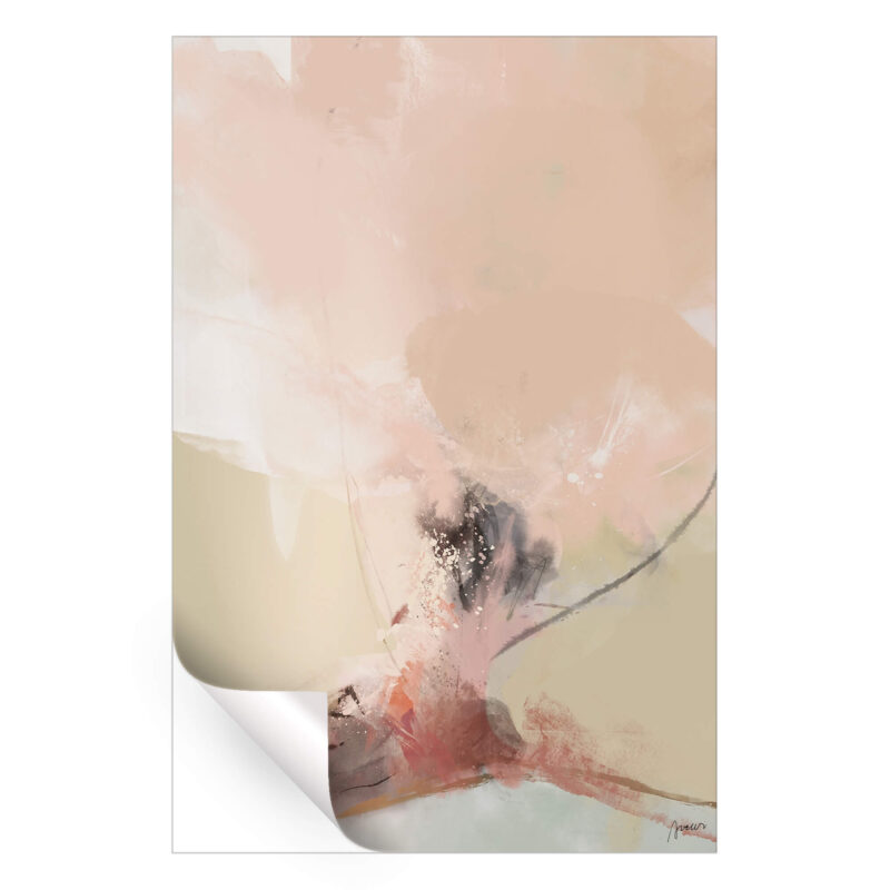Gentle pink and neutral abstract painting with soft brushstrokes and subtle accents of darker tones.
