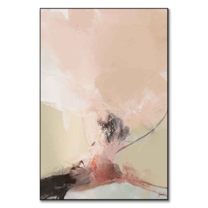 Gentle pink and neutral abstract painting with soft brushstrokes and subtle accents of darker tones.