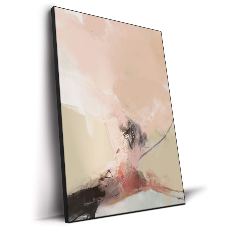Gentle pink and neutral abstract painting with soft brushstrokes and subtle accents of darker tones.
